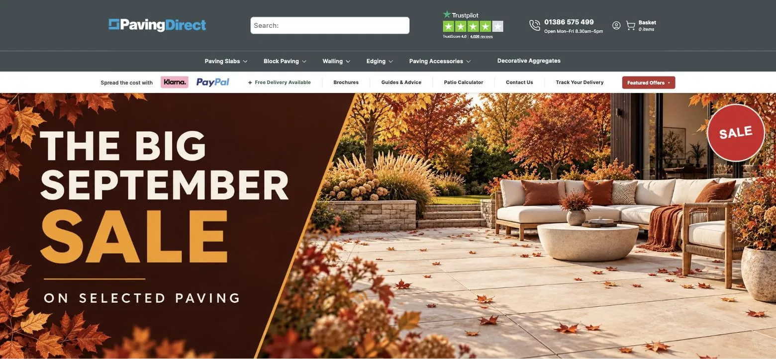 The Paving Direct home page on Hyvä: header with search, Trustpilot rating and category menu above a seasonal paving sale banner